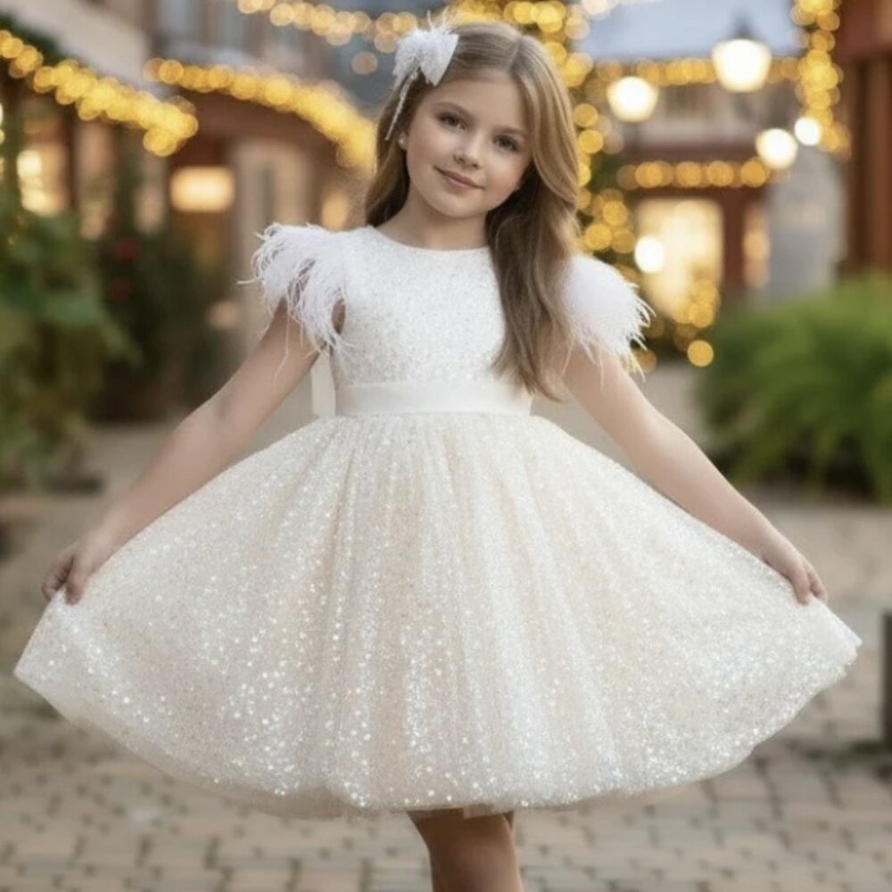 Trish Scully White Sequin & Tulle Eliana Dress with Ostrich Feathers